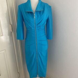 Vintage Joseph Ribkoff Women's US 4 Ruched Two Way Zipper Teal Blue 3/4 Sleeves